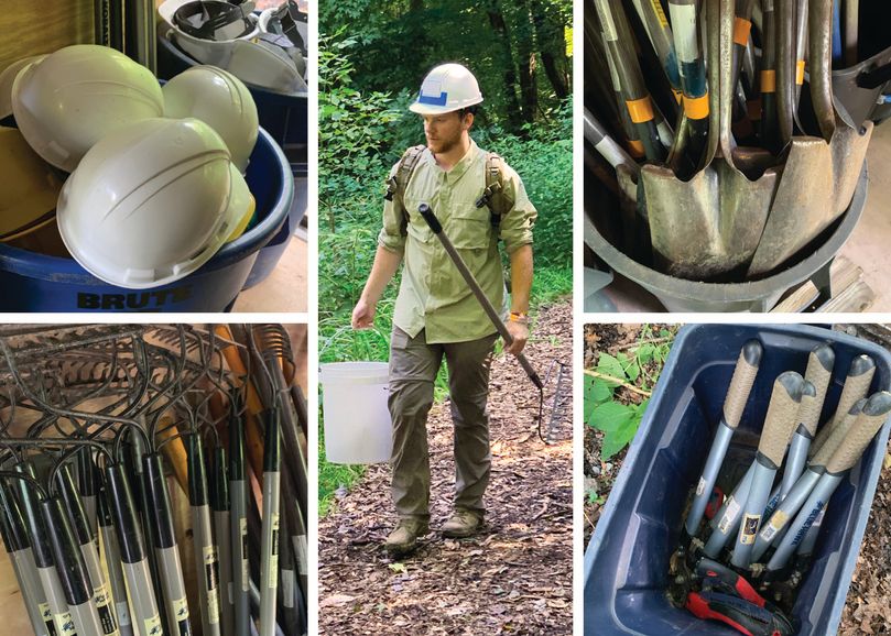  a collage of photos showing hardhats, shovels, trowels, pruners, rakes, and a student wearing a hardhat and carrying a rake.